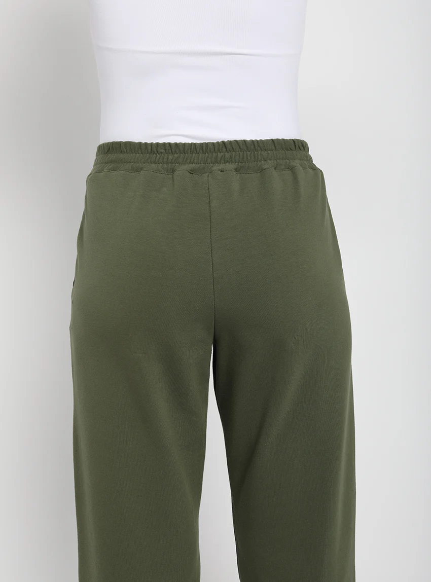 Pantalon femme coton molleton vert algue