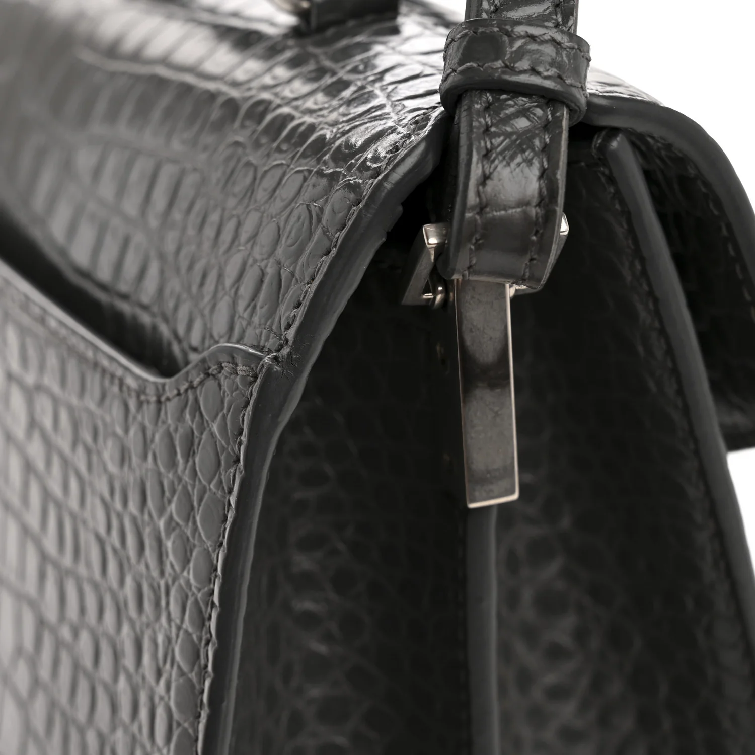 Calfskin Crocodile Embossed Medium Classic Monogram Cassandra Top Handle Fog