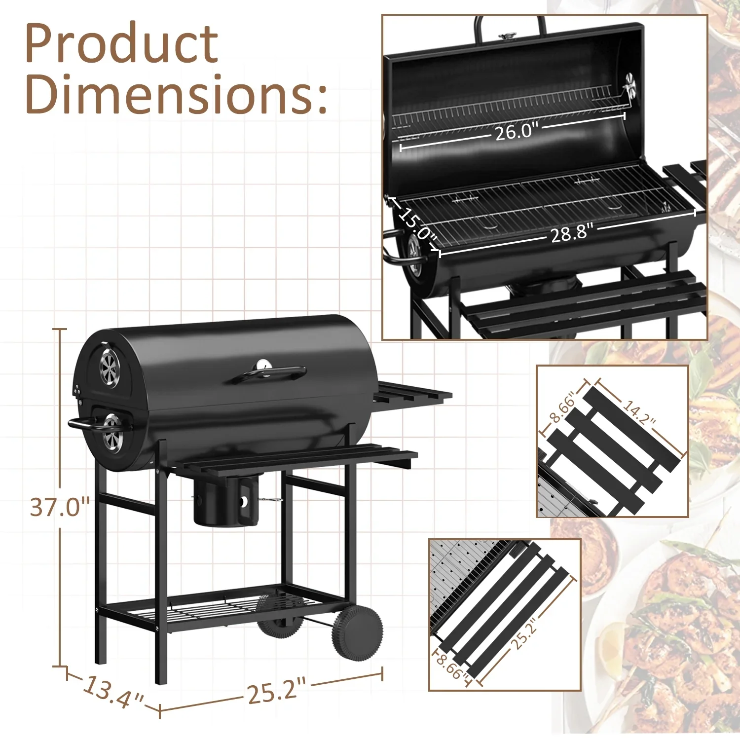 29�� Barrel Outdoor Charcoal Grill with Side Shelf and Wheels, Black