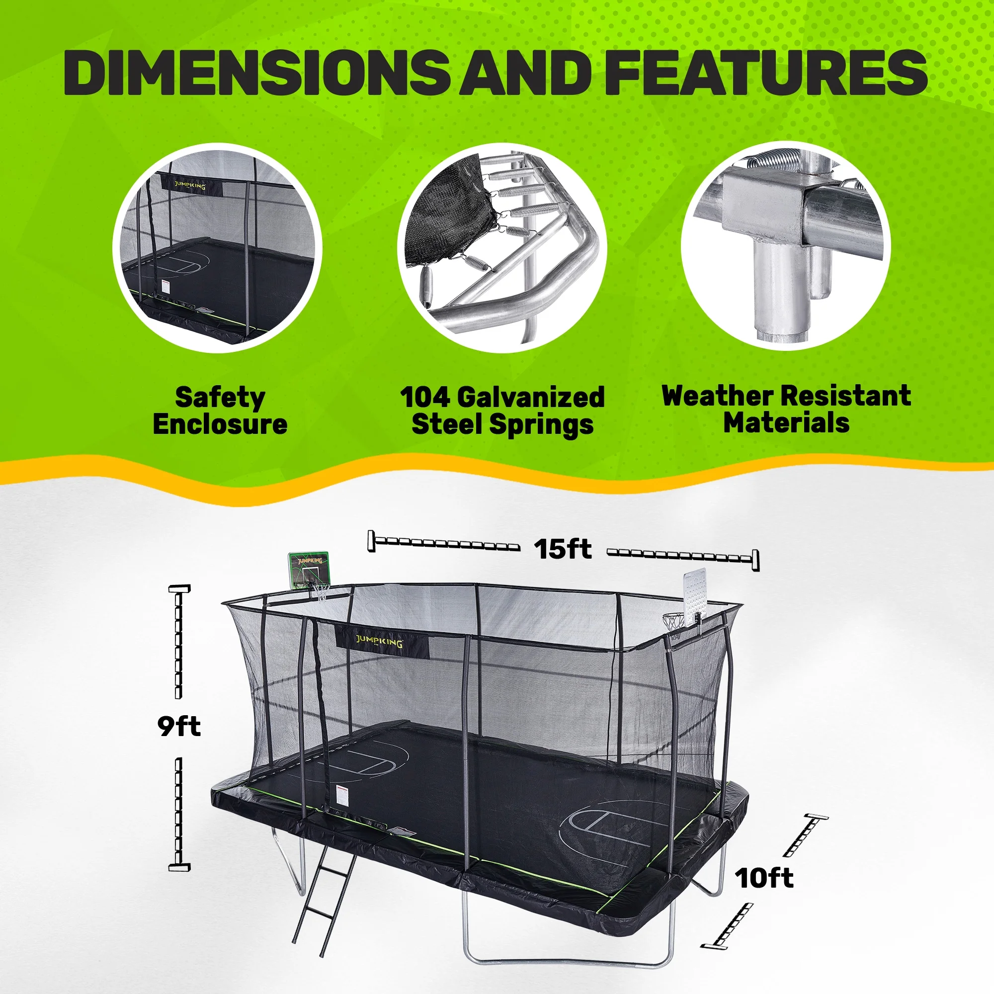 10'x15' Rectangle Trampoline with 2 Powder Coated Basketball Hoops Breakaway Rim and Ladder- Large Recreational Trampoline for Kids and Adults with Enclosure Net - Image 7