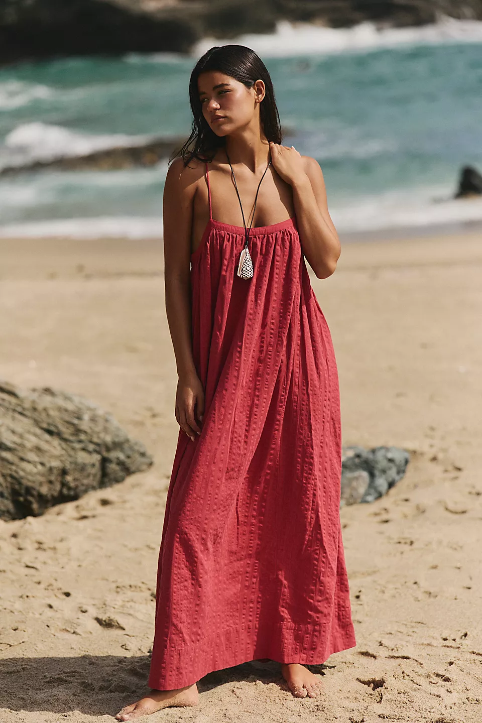 Marisol Textured Cotton Maxi Dress-Deep Cherry