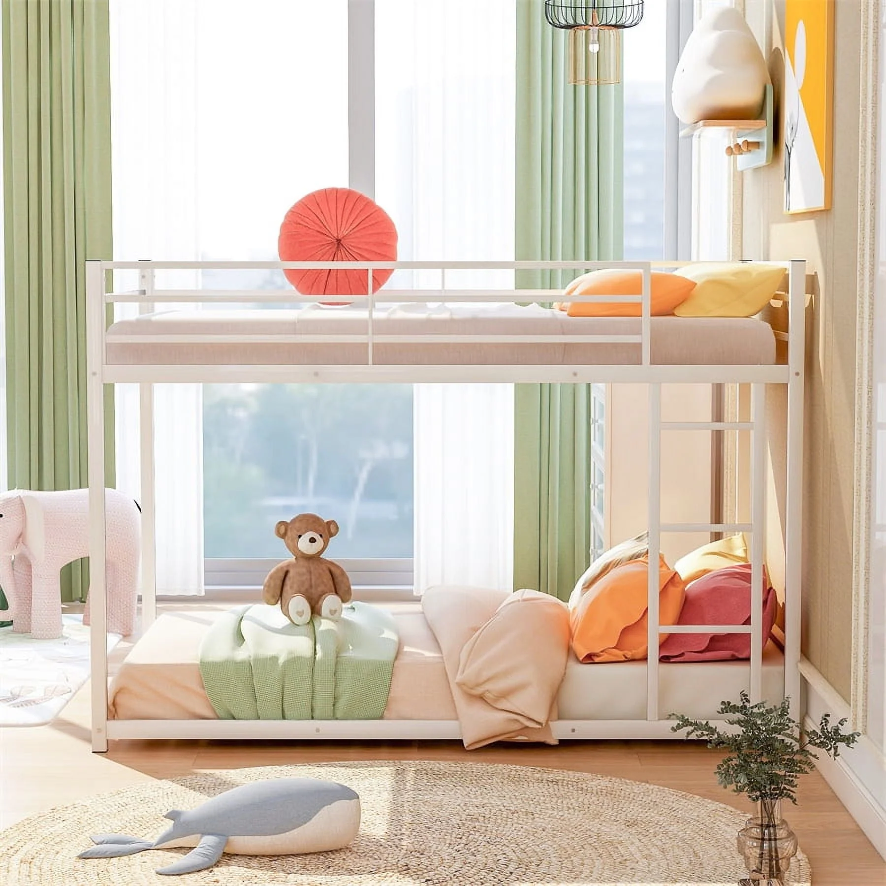 Twin Over Twin Metal Bunk Bed, Low Twin Bunk Bed with Safety Guardrail and Ladder, No Box Spring Needed, Steel Bunk Bed Platform Suitable for Girls Boys Teens, White