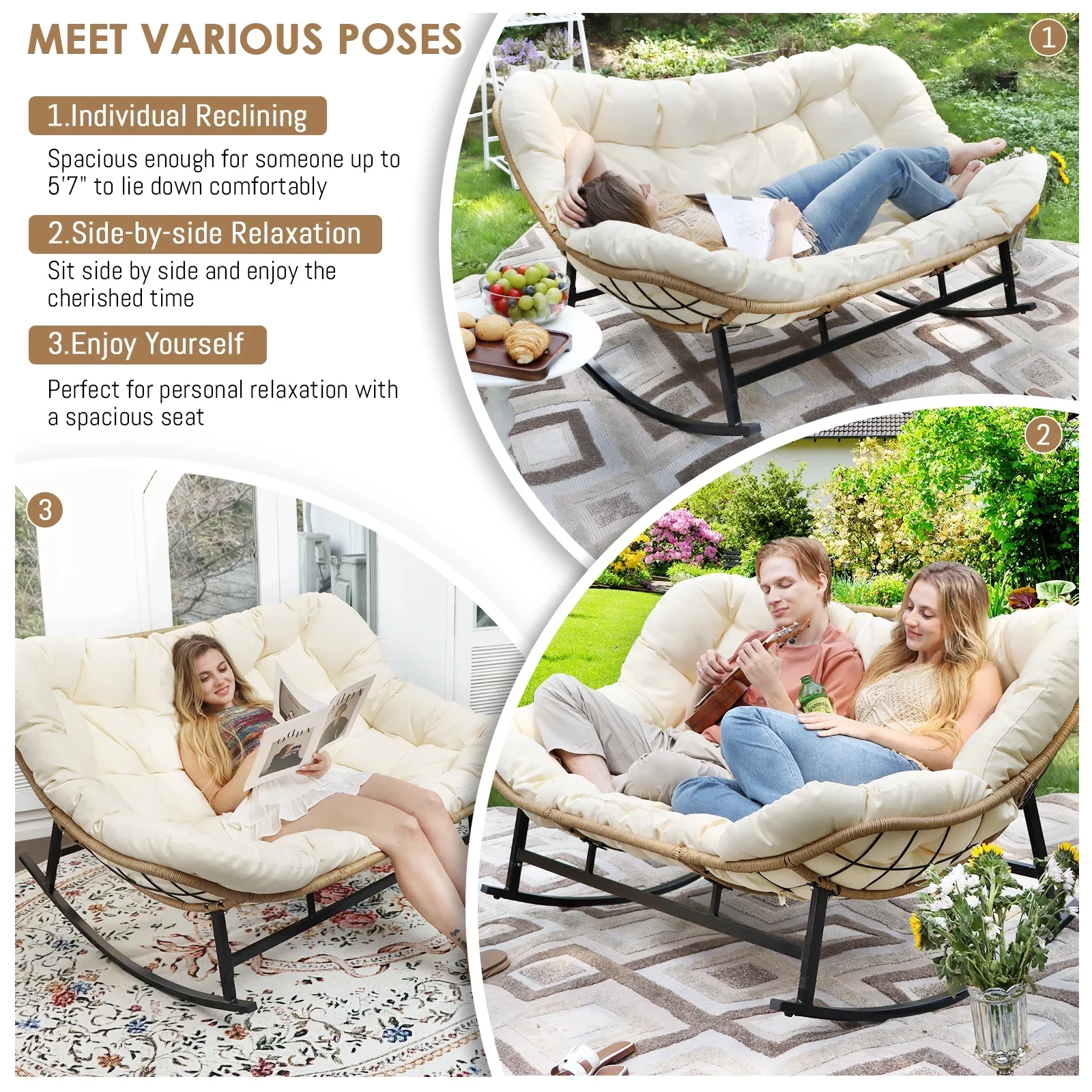 RADIATA Beige Double Outdoor Rocking Chair, 2 Person Patio Rocking Egg Chair with Thick Cushion
