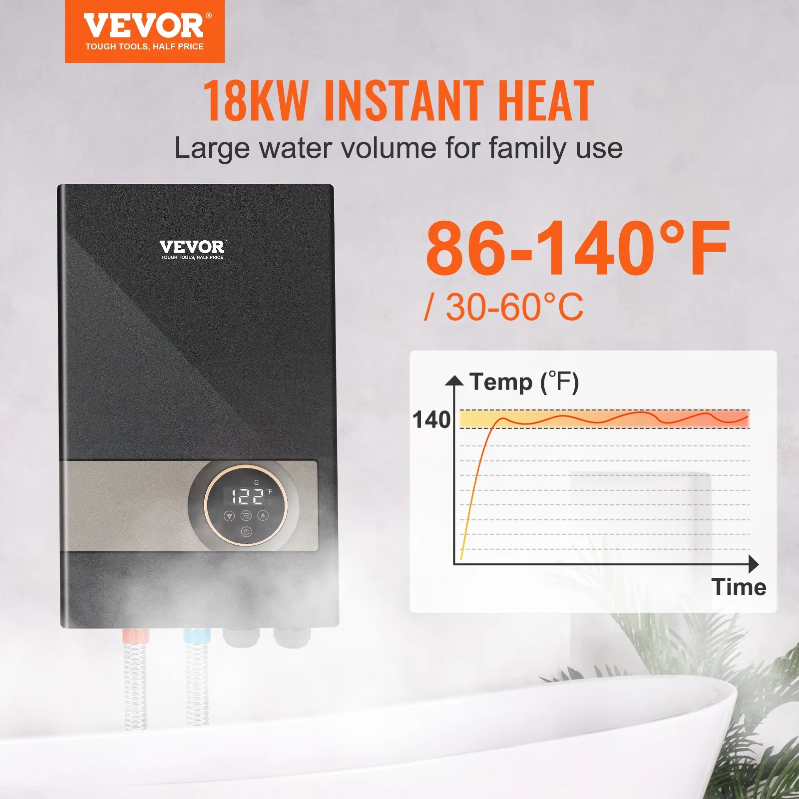 Instant Water Heater, 18kw Electric Tankless Water Boiler, Digital Temperature Display Easy Installation 24-Hour Water Supply, For Kitchen Bathroom Shower Mall Salon Shampoo ETL Listed - Image 2