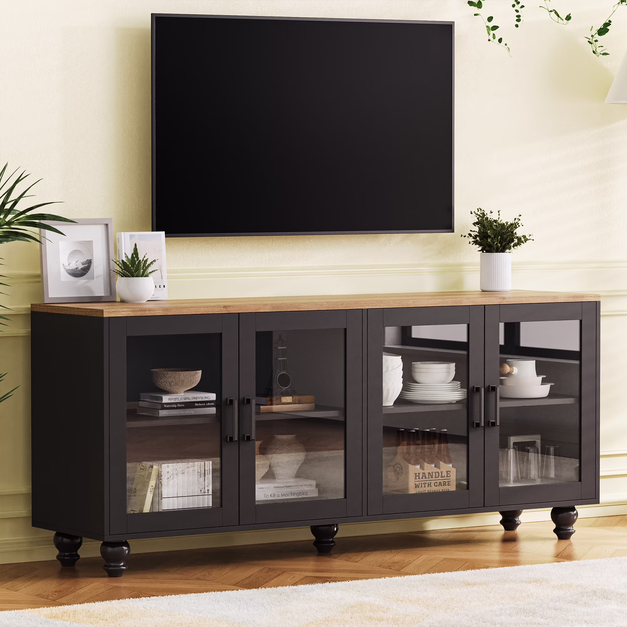 110" Entertainment Center Wall Unit Set with Glass Display Cabinets, Adjustable Shelves Vintage TV Stand for TVs up to 85", Farmhouse Style Media Console with Storage, Gourd Legs(Black+TV Stand+Bookshelves) - Image 3