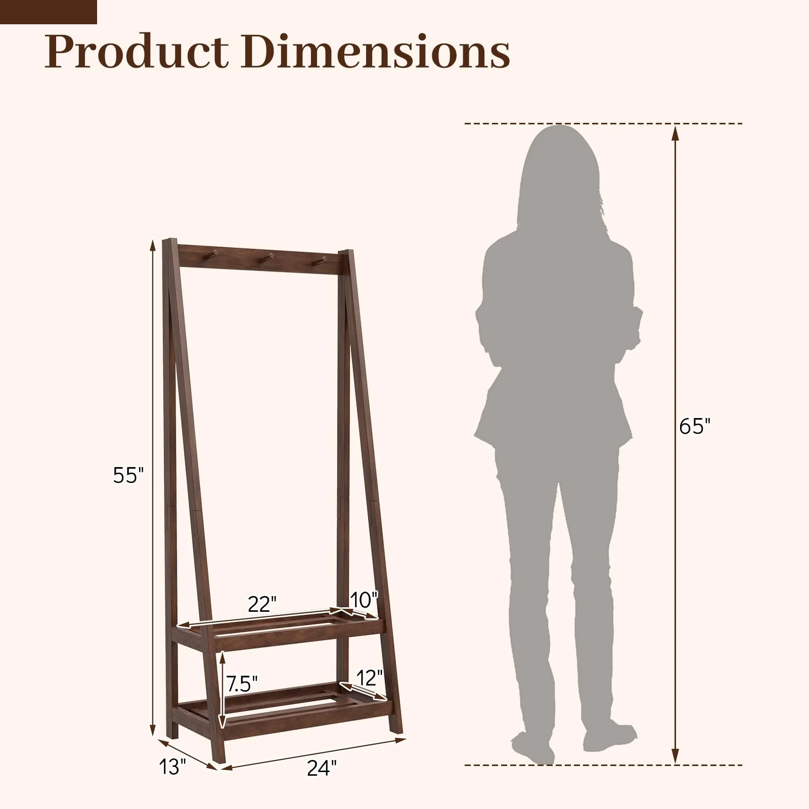 Tangkula Freestanding Rubber Wood Garment Rack with 3 Hooks and 2 Shelves