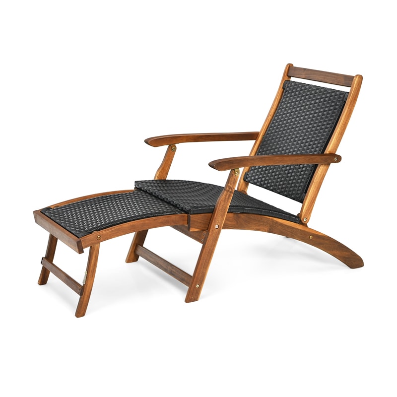 Chaise longue pliante en bois d'acacia et osier avec repose-pieds rétractable