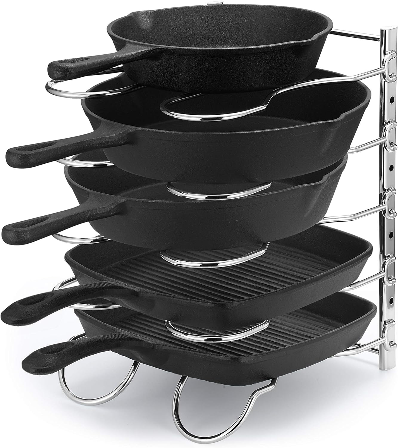 CAXXA Heavy Duty Pan Rack, Pot Lid Rack, Kitchen Cabinet Pantry Cookware Organizer Rack Holder with 5 Adjustable Dividers, Chrome