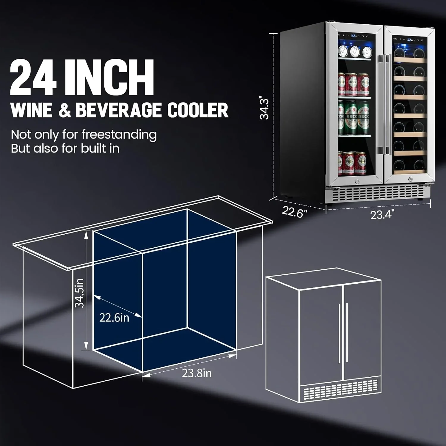 Réfrigérateur à boissons double zone 24 pouces, 30 bouteilles, 82 canettes, cave à vin, encastrable ou pose libre