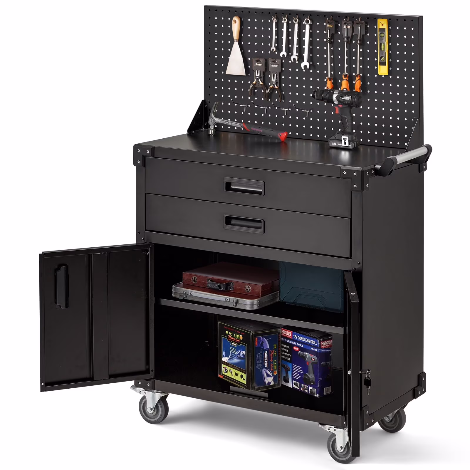 AECOJOY Metal Steel Mobile Tool Cart with Storage Drawer Tool Chest On Wheels Tool Box Garage Organizer for Workshop Warehouse Garage, Black Handle