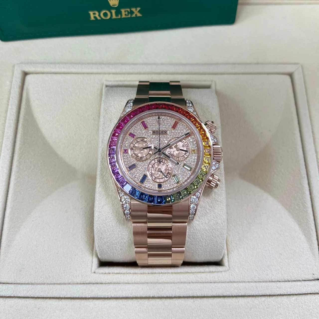 [Super Clone]Rolex Daytona Rainbow Pave DiamondsDial Swiss Replica Watch 18k Rose Gold Bracelet | Ref 116595RBOW