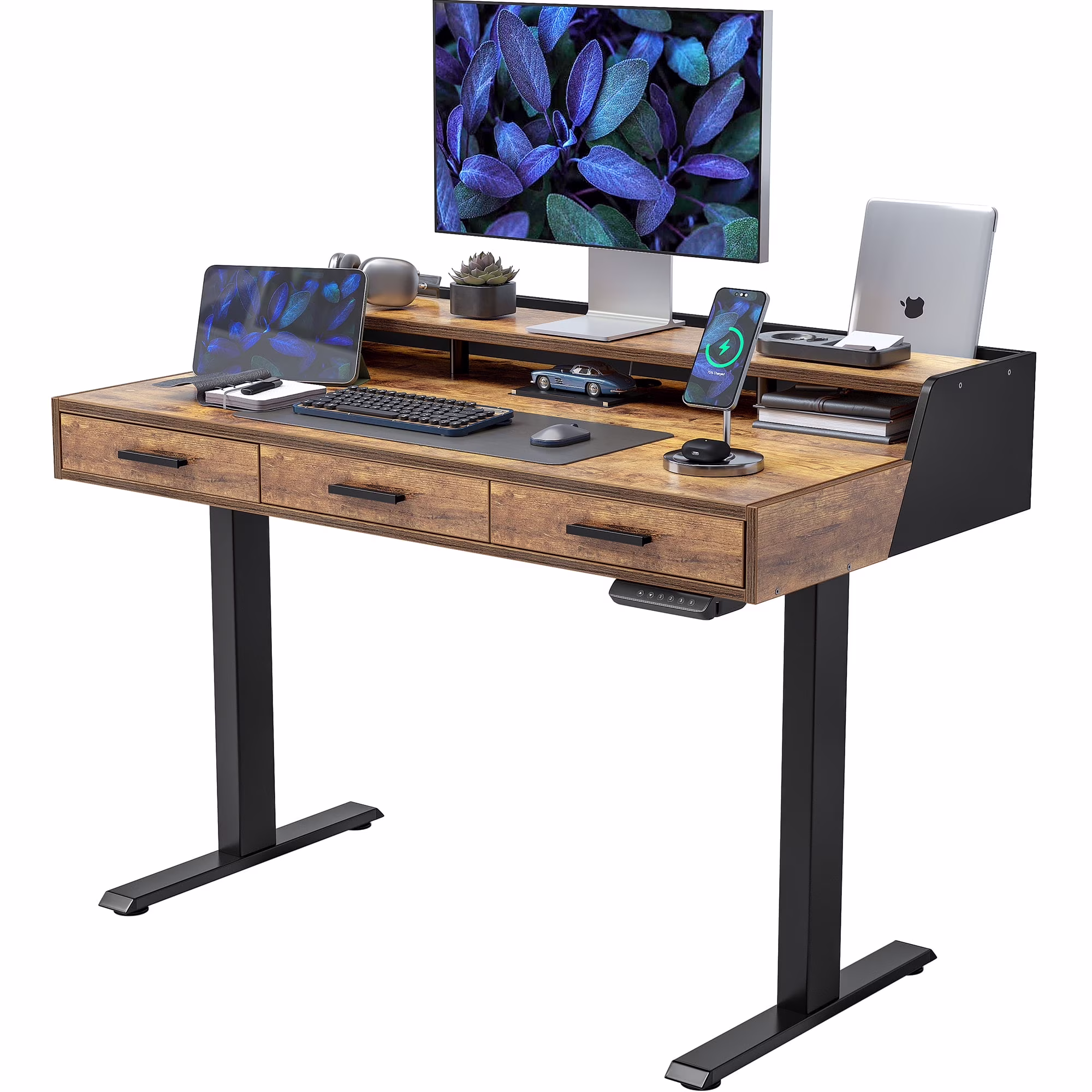 FEZIBO Electric Standing Desk with 3 Drawers & Monitor Shelves, 48 x 26 in Sit Stand Home Office Desk, Rustic Brown