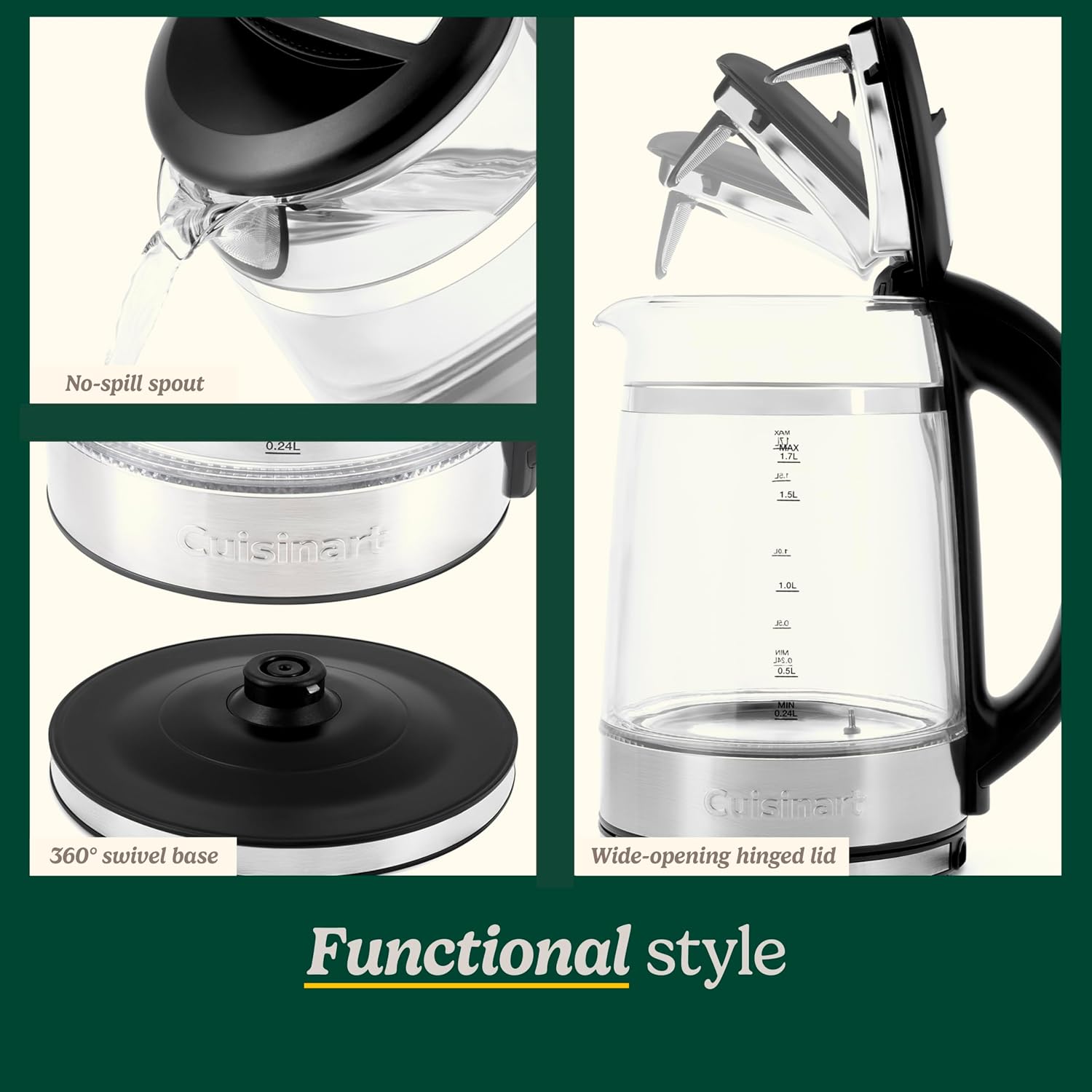 Cuisinart 1.7L Glass Variable Temperature Control Electric Kettle 110 ° F–212 ° F with Touchscreen Controls, Illumination, Dual-Layer Cool-Touch Design & Nondrip Spout