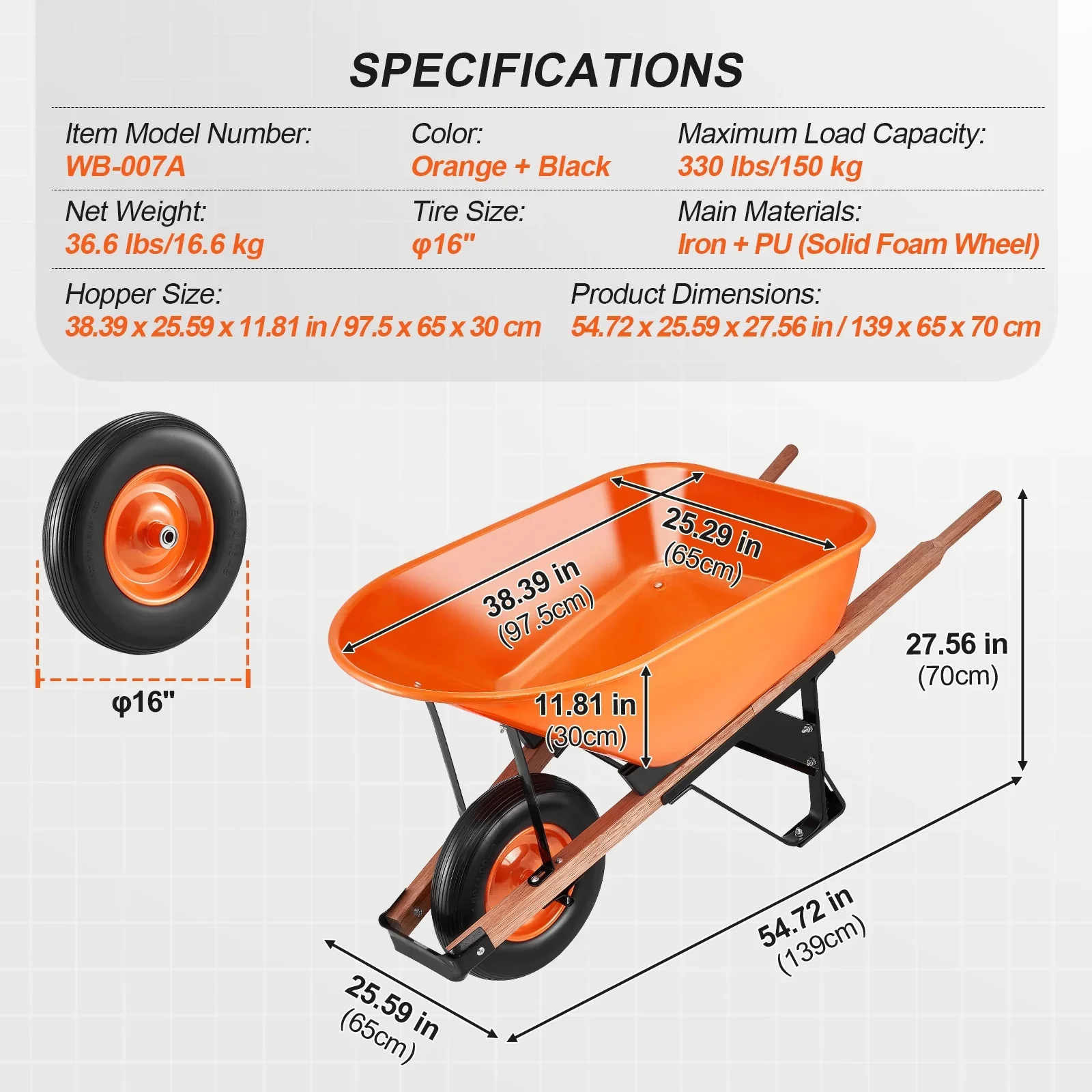 KFFKFF 6 Cu. Ft. Utility Cart, 330 lbs Load, Single Wheel Yard Dump Cart with Steel Handle & 16-inch Broad Track Wheels, Simplified Loading for Garden, Lawn & Farm Use