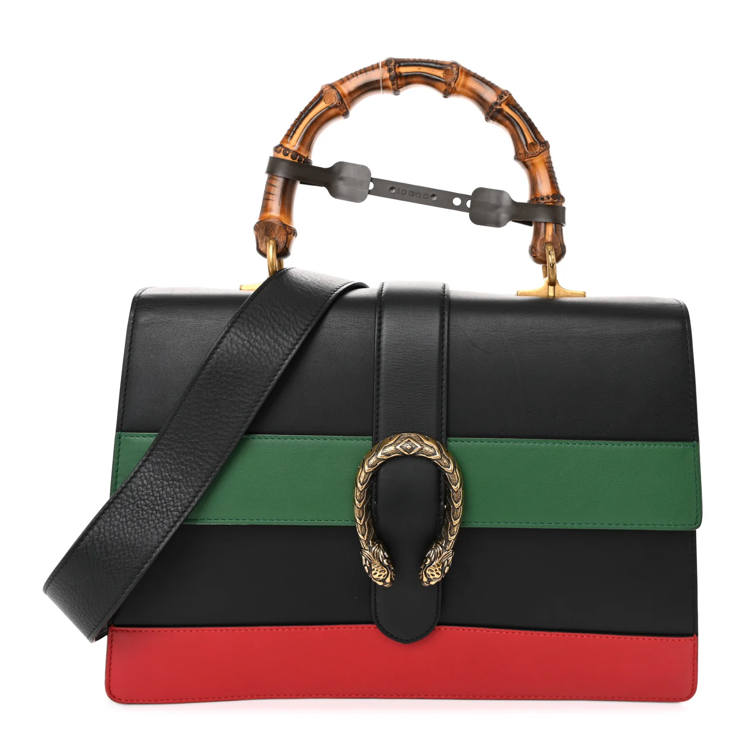 Moon Calfskin Web Large Dionysus Bamboo Top Handle Bag Black Bright Evergreen Hibiscus Red