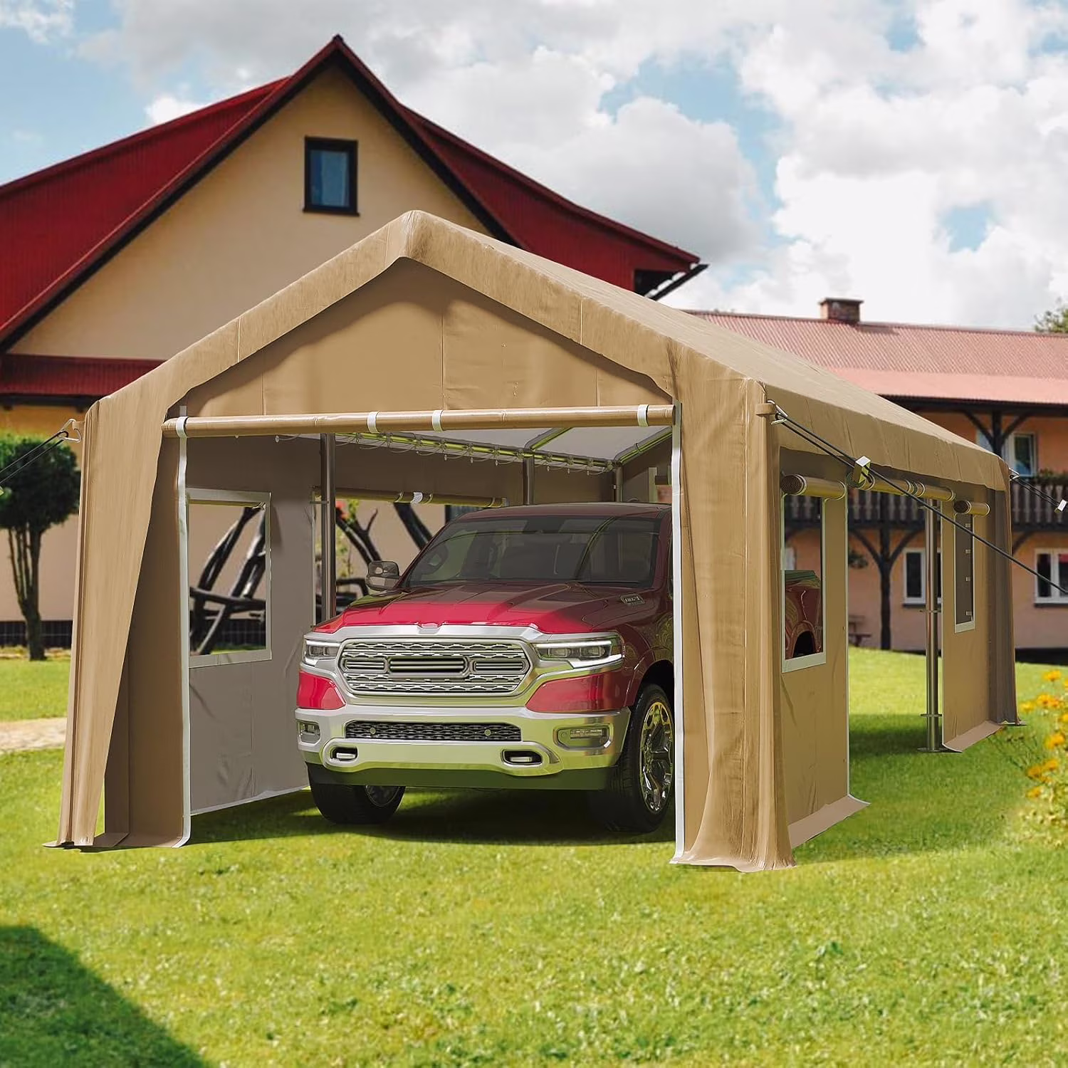 12x20 Heavy - Duty Carport Canopy Tent with 4 Roll - up Doors & 4 Windows Waterproof UV - Protected Powder - Coated Steel Frame Removable Sidewalls Khaki