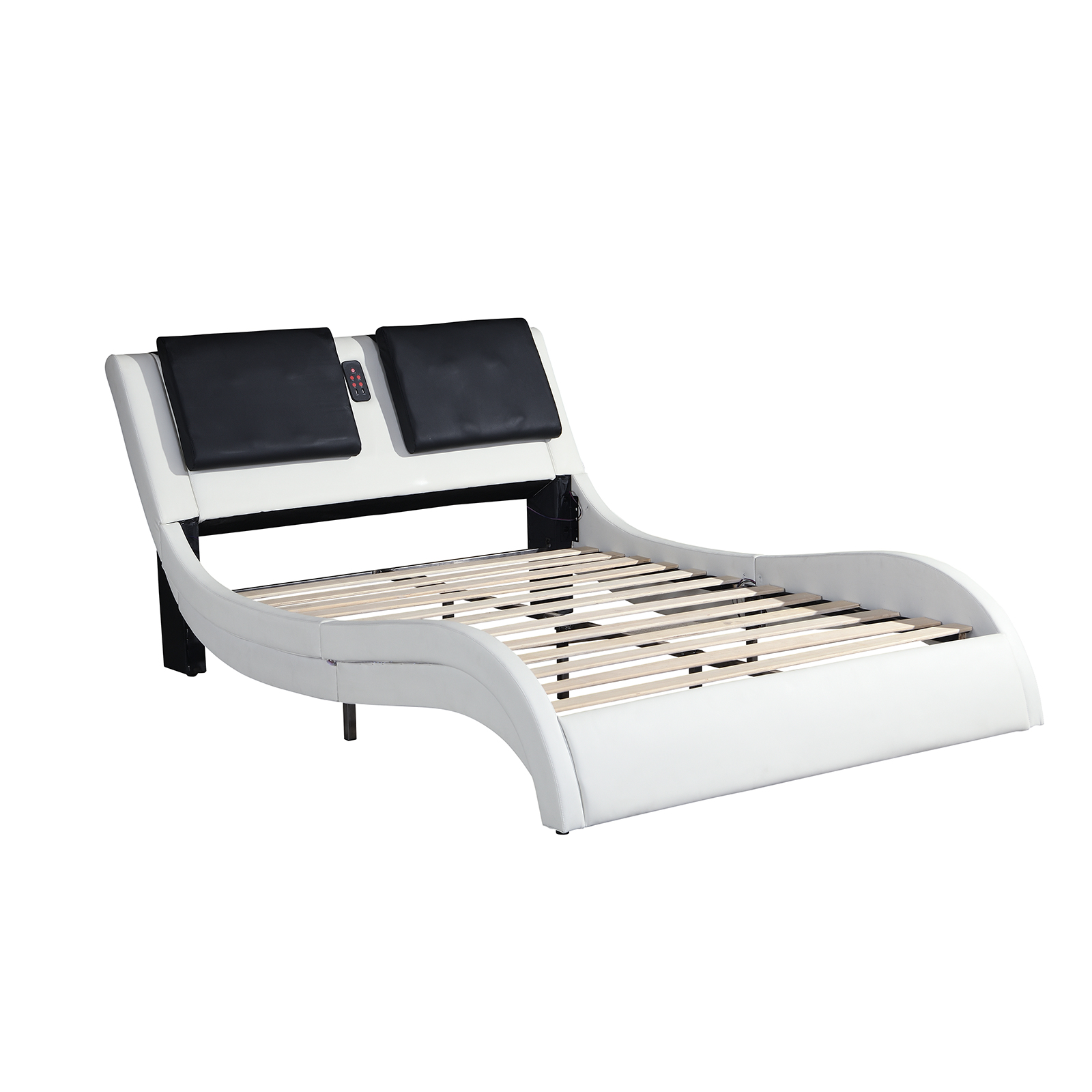 King Size Platform Bed Frame wth LED Light And USB Charging Ports Headboard, Wave-Like Curve Backrest Vibration Massage Upholstered Faux Leather Bed for Home(White1-1) - Image 4