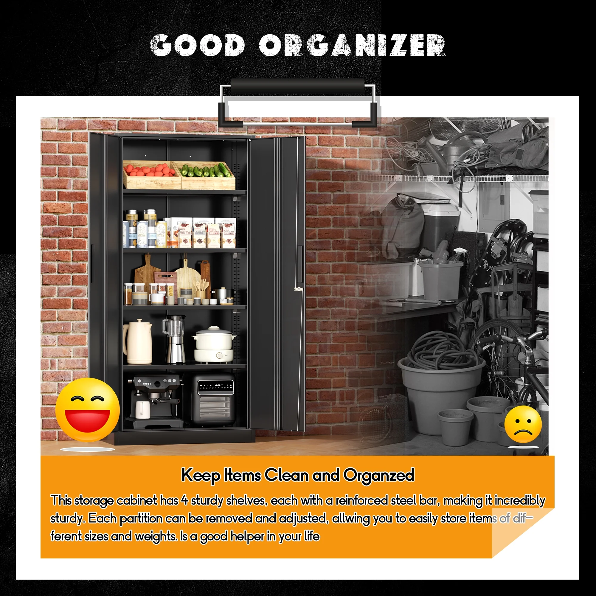 71" Metal Garage Storage Cabinet with Locking Doors and Adjustable Shelves for Home, Office(Black)(Black) Image 10