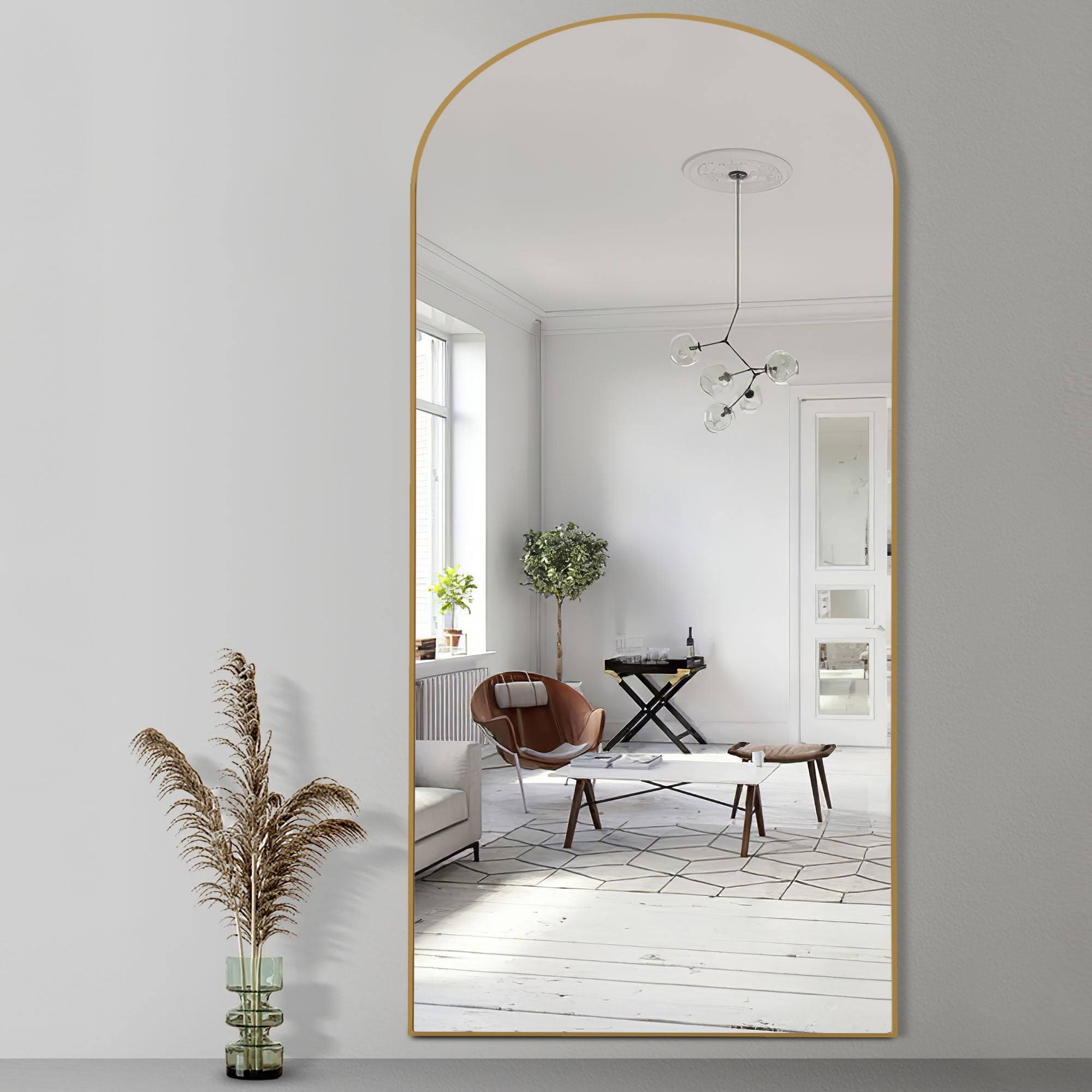 Neutype 71 inchx31 inch Arched Full Length Mirror Floor Mirror with Stand Gold, Size: 71 inch x 32 inch