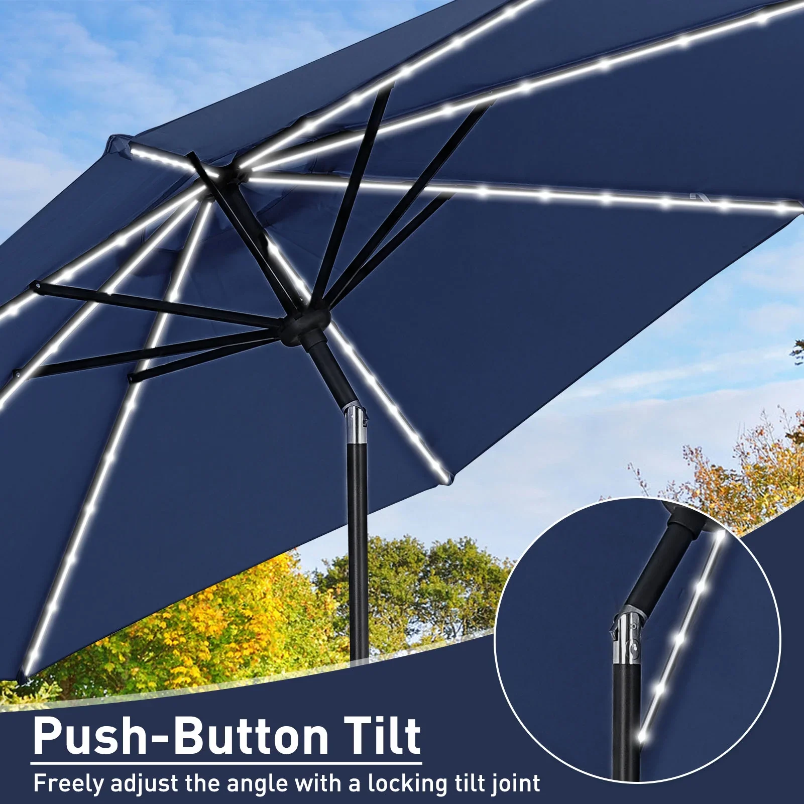 Autlaycil 10 FT Solar LED Lighted Patio Umbrella with LED Table Umbrella with 8 LED Strip Lights, Fade-resistant & Waterproof for Garden, Backyard, Poolside, Push Button Tilt (Blue)