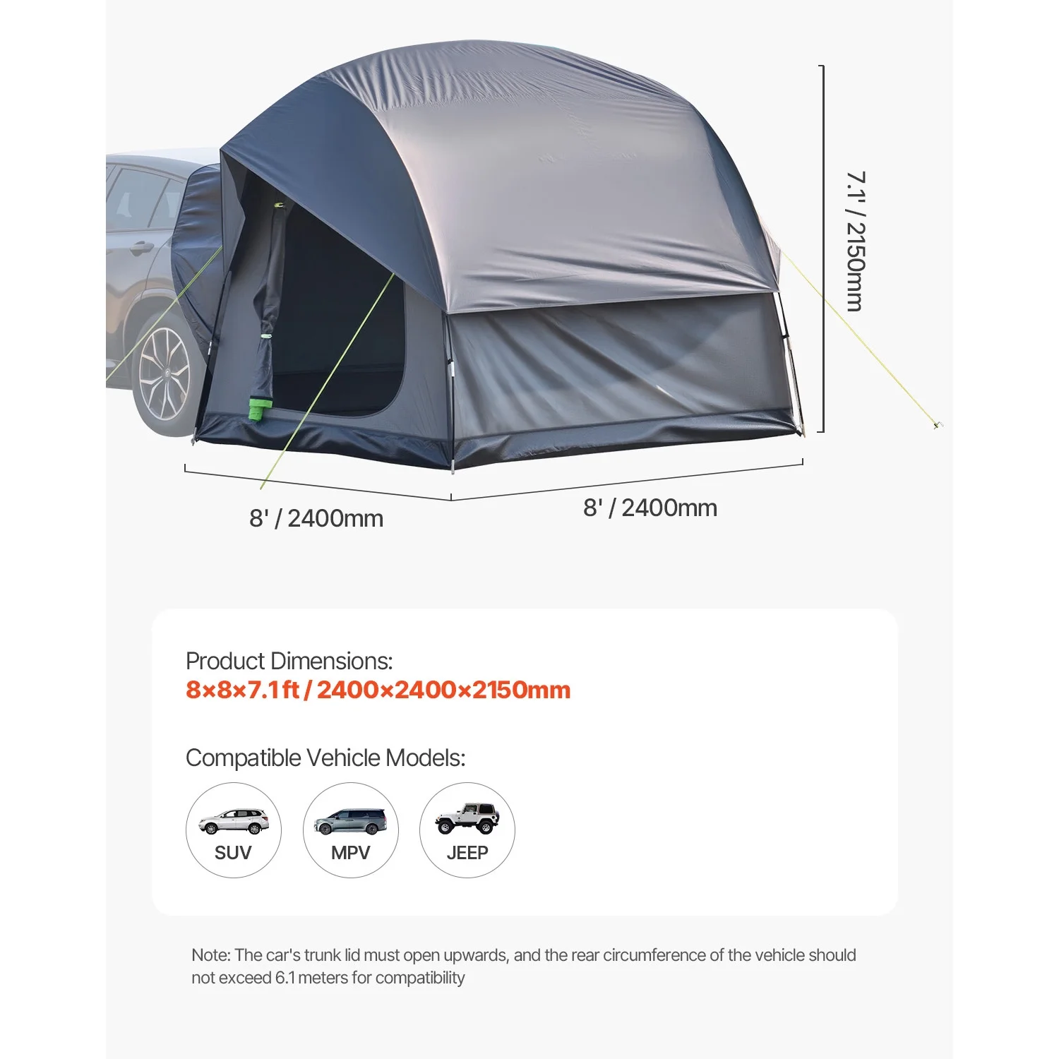 KFFKFF Outdoor Shelter for Suvs, Dimensions 8FT Length x 8FT Width, Resilient Pu2000mm Water - Resistant, Ample Dual Layer Setup for 5 - 8 Individuals, SUV Shelter with Ventilated Mesh Openings