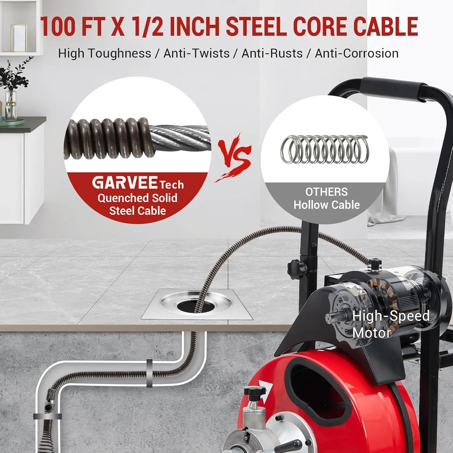 M Optimized 100 FT x 1/2 in Drain Cleaner Machine with 250W 370W Motor, Portable Sewer Snake Auger with 8 Cutters & Air - Activated Foot Switch, Fits 1" to 4" Pipes, Black & Red