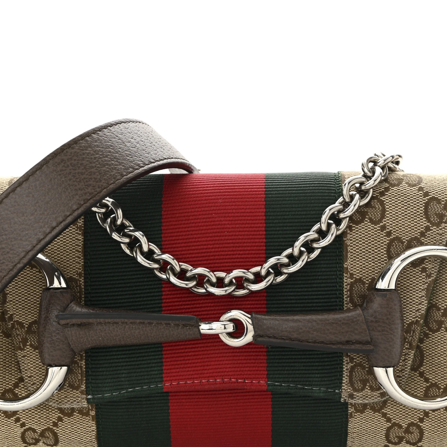 Monogram Textured Dollar Calfskin Heavy Grosgrain Web Medium Maxi Horsebit Chain Shoulder Bag Beige Ebony New Acero
