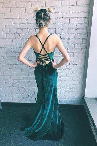 Sheath Emerald Green Spaghetti Straps Long Simple Prom Dresses with Slit DMI61