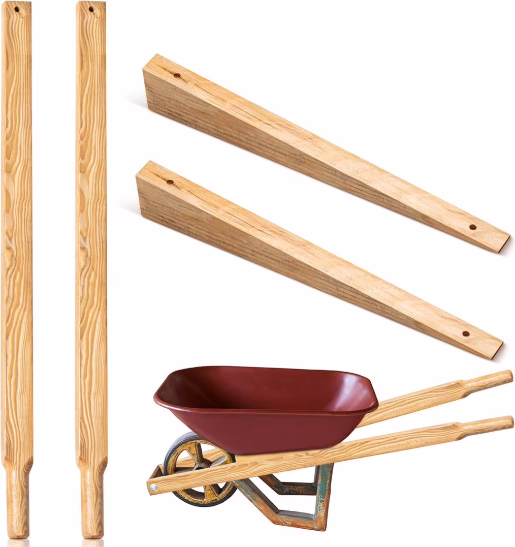 Wheel Barrow Handles Wood Replacement 59'' Wheelbarrow Handles Kit with 2 Wheelbarrow Wedge Heavy Duty Wood with Tough Seal Coat and Pre Drilled Holes for Wheelbarrows, Easy Install