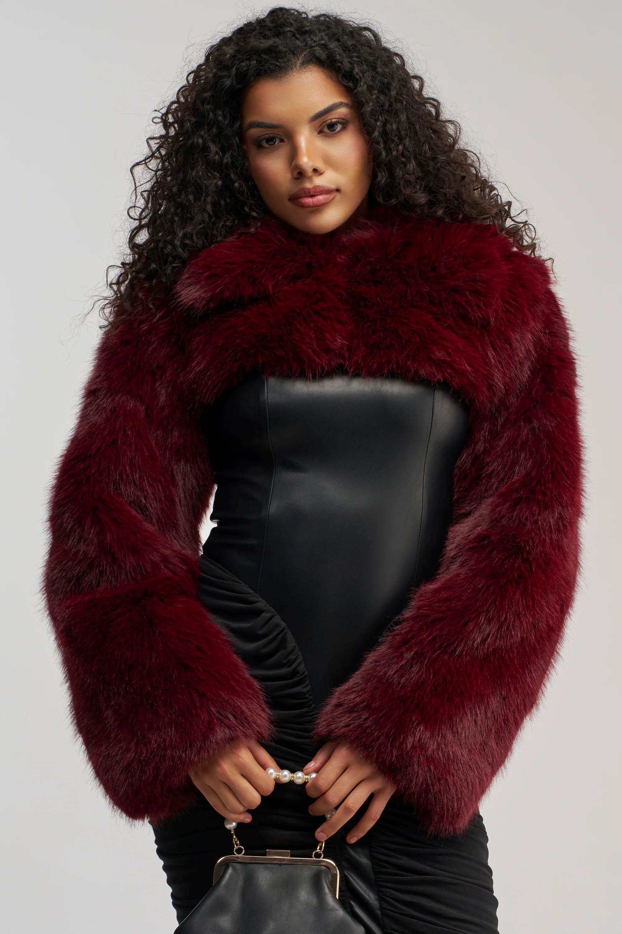 LEILA ULTRA CROP FAUX FUR IN BURGUNDY - Akira Store