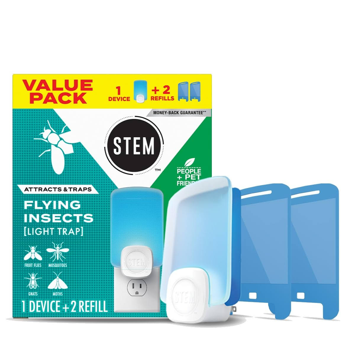Stem Light Trap, Attracts and Traps Flying Insects, emits Soft Blue Light, Starter Kit with 1 Light Trap and 2 Refills