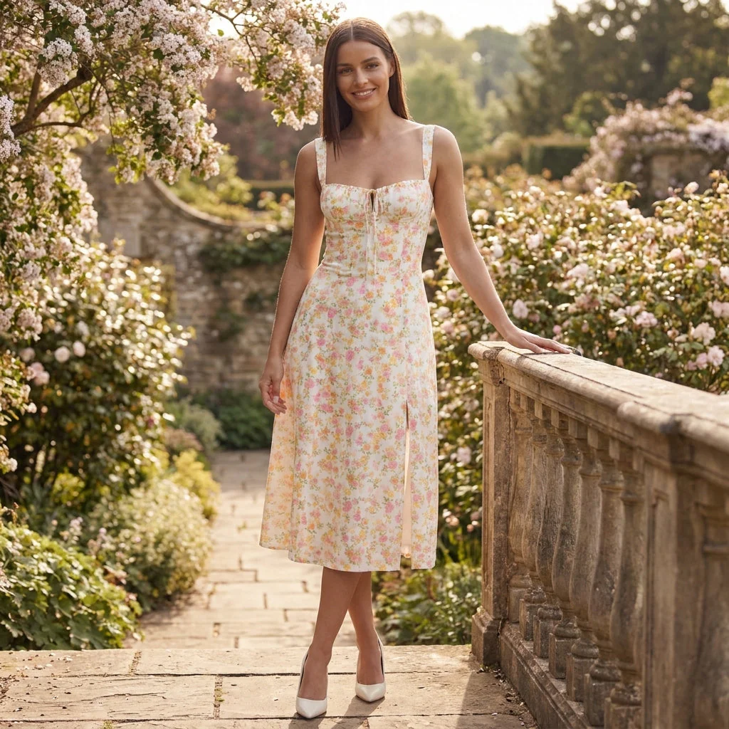 Robe midi fleurie pour femmes, idéale pour les invitées de mariage