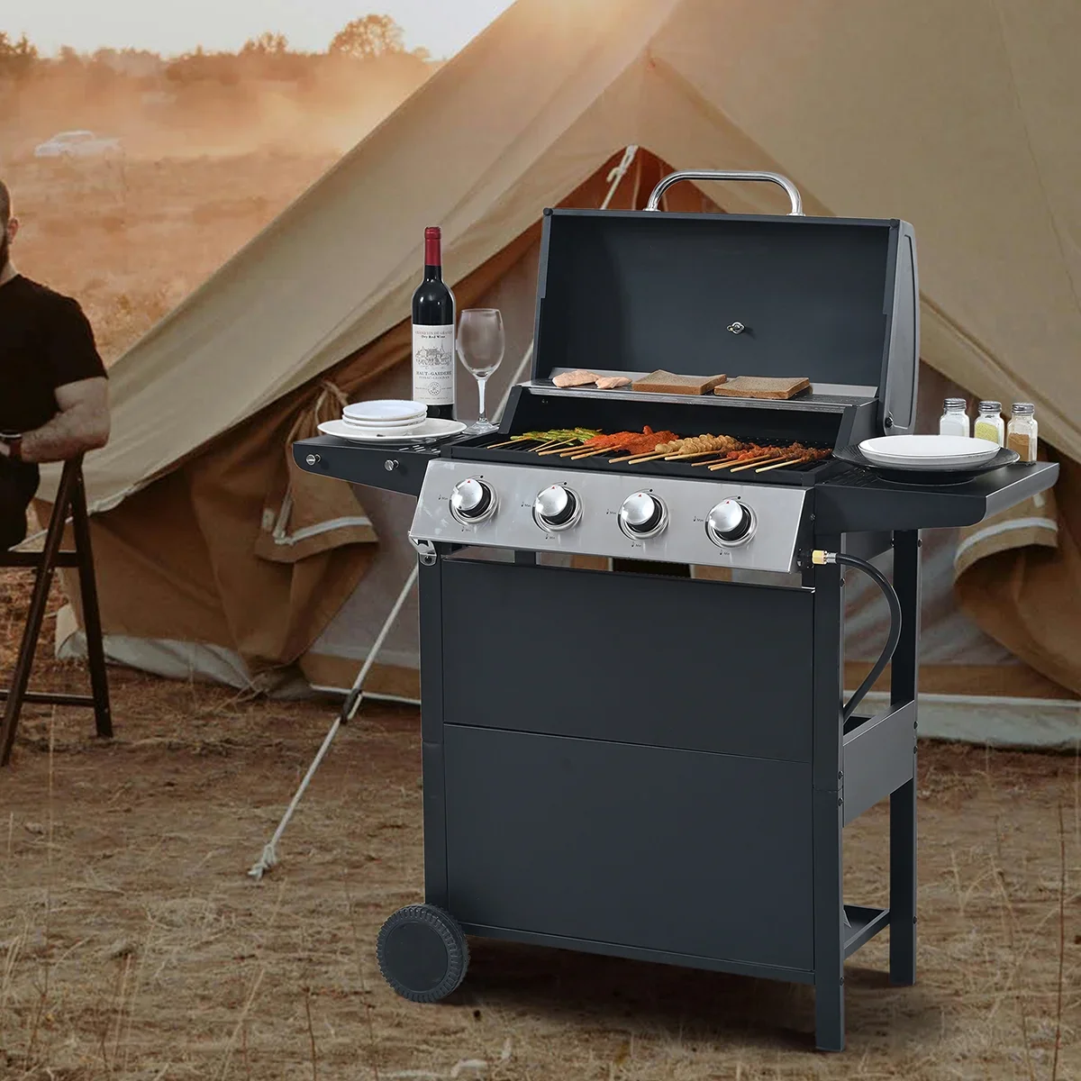 Propane Gas 4 Burner Barbecue Grill, Stainless Steel 34,000 BTU Patio Garden Barbecue Grill with Two Shelves, Lid, Wheels and Bottle Opener