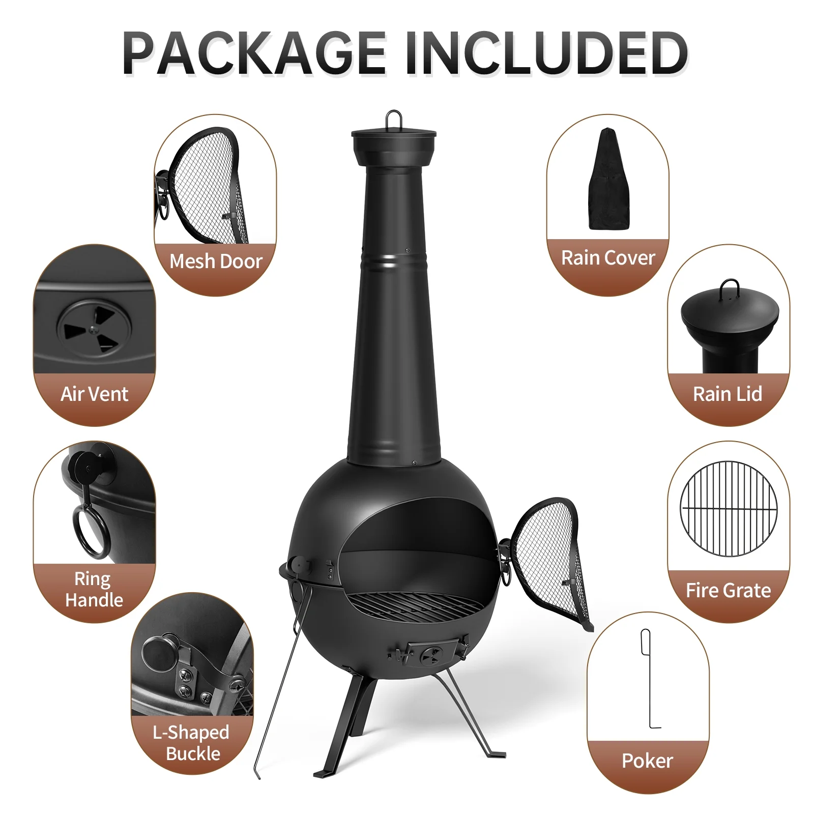 Chiminea Outdoor Fireplace, Wooden Fire Pit for Patio Backyard with Cover, Black(NFP056A) - Image 5