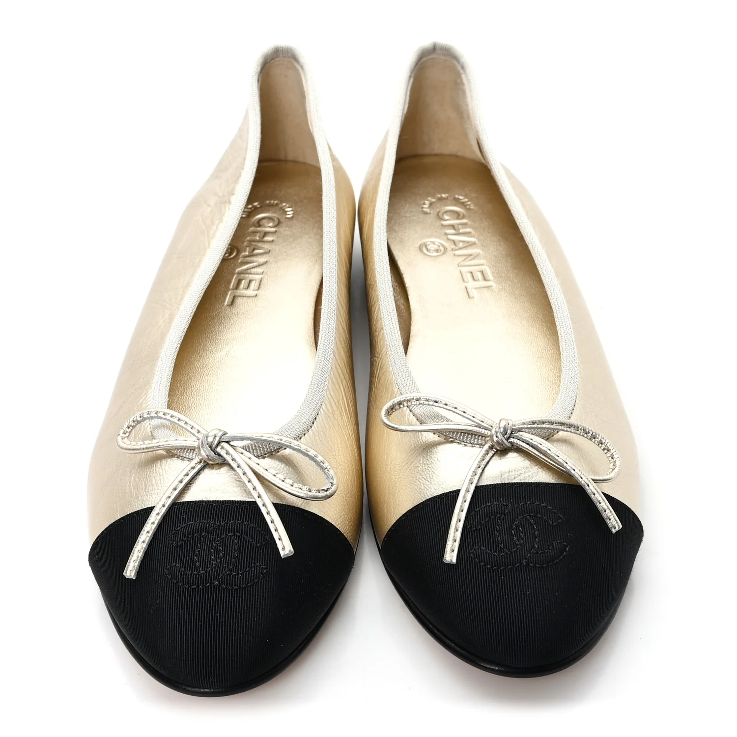 Metallic Laminated Lambskin Grosgrain CC Cap Toe Ballerina Flats 39 Light Gold Black
