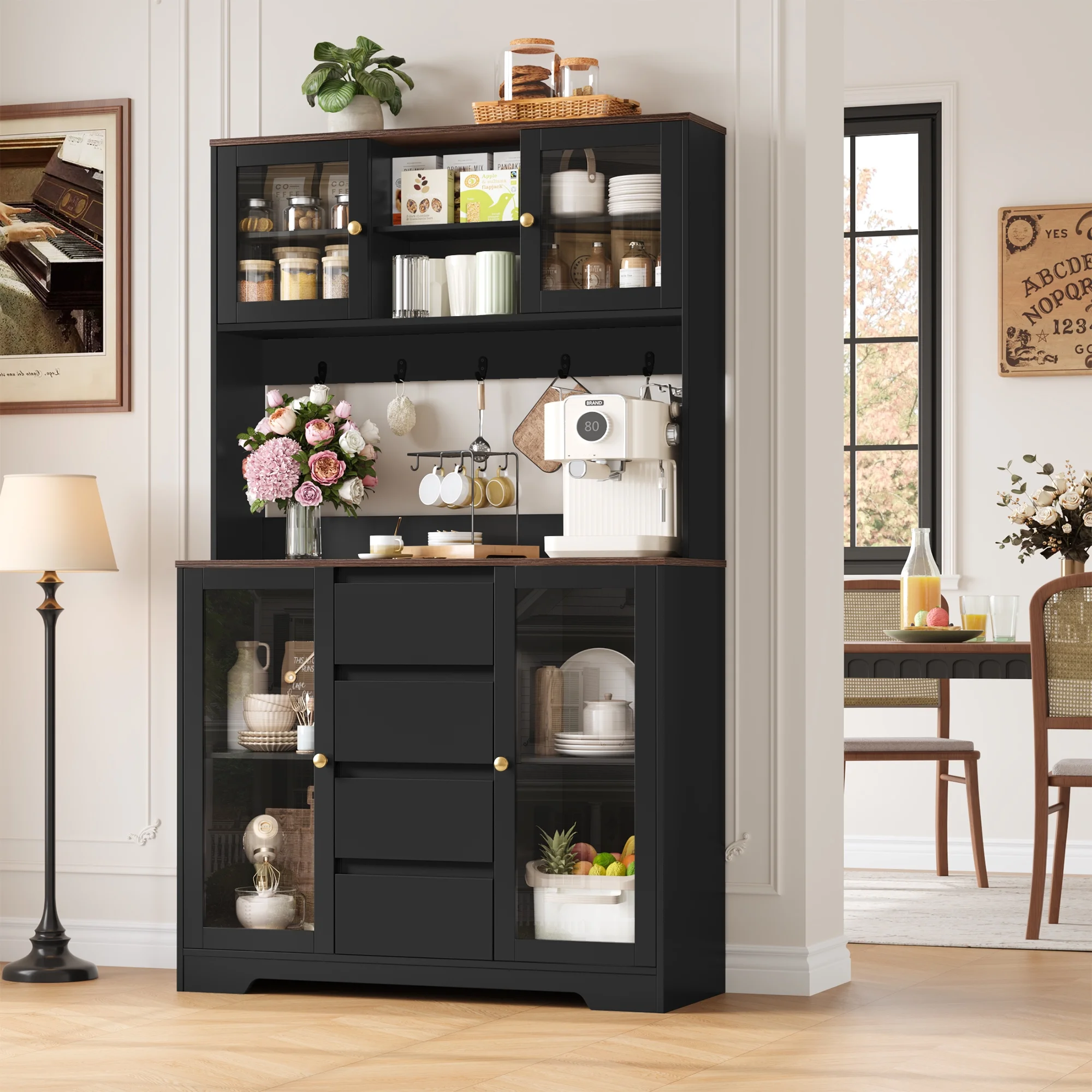 71'' Pantry Hutch with Cabinet Drawers for Kitchen, Glass Doors Storage Cabinet with Adjustable Shelves for Dining Room, Black(Black) Image 4