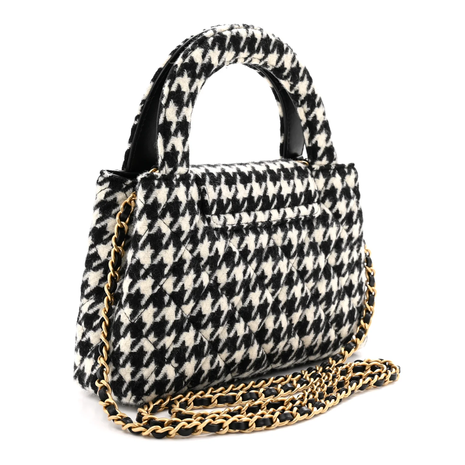 Tweed Houndstooth Quilted Nano Kelly Shopper Black White