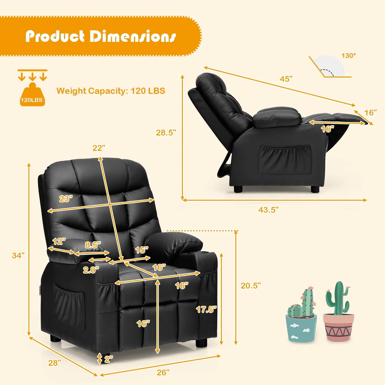 Infans Kids Youth Recliner Chair PU Leather W/Cup Holders & Side Pockets Black