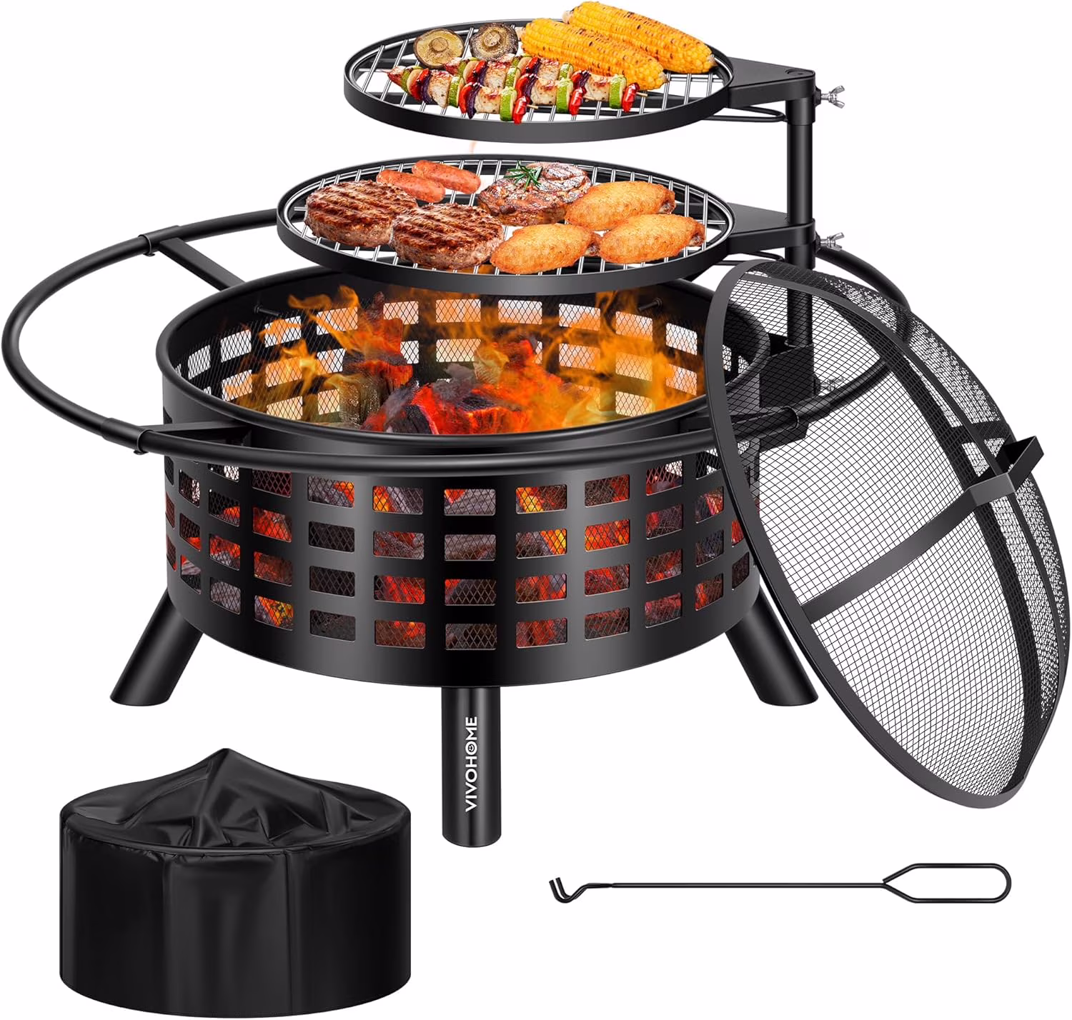 3-in-1 Fire Pit��35 in Wood Burning Firepits with Cooking Grill Grate Charcoal Pan Cover Lid, Metal Table for Backyard Bonfire BBQ Outdoor Camping Picnic(Single-Grill) - Image 3