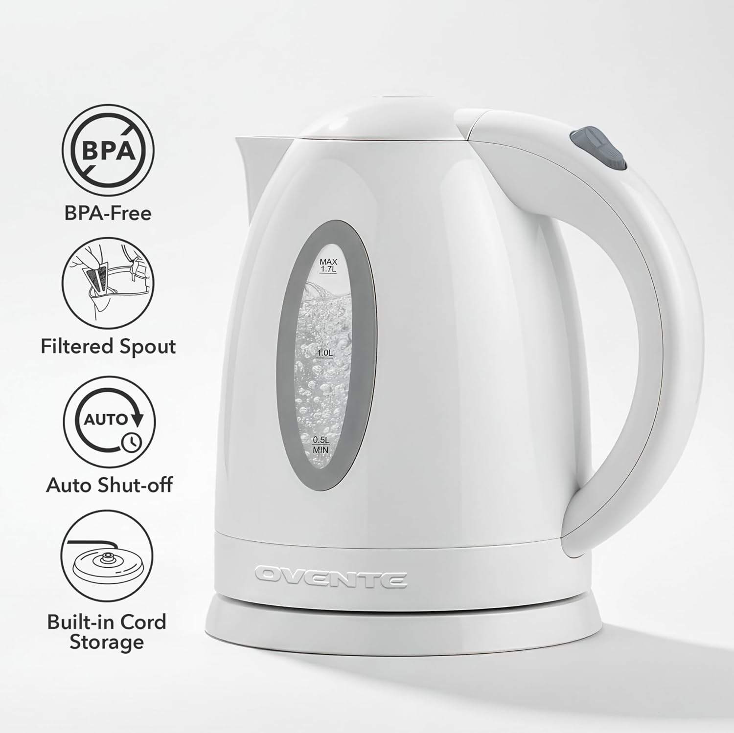 OVENTE 1.7L Electric Tea Kettle, 1100W BPA-Free Water Boiler, White KP72W