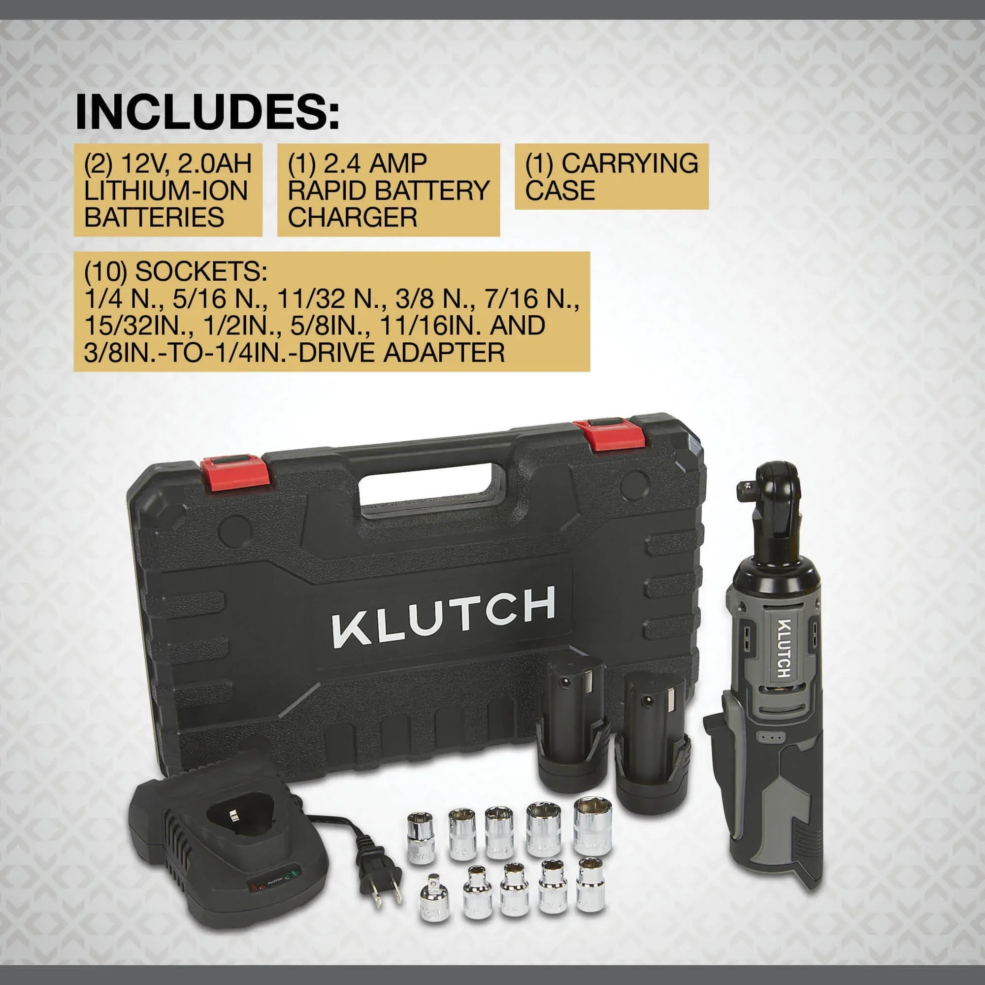Klutch 3/8in. Ratchet Wrench Kit, 12V, Cordless, Lightweight, Ergonomic, 2.0Ah