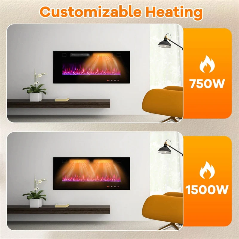 42-72" Smart WiFi Electric Fireplace Heater, Ultra-Thin Recessed & Wall Mounted with Adjustable 12 Flame Color, Remote/APP Control, 12H Timer