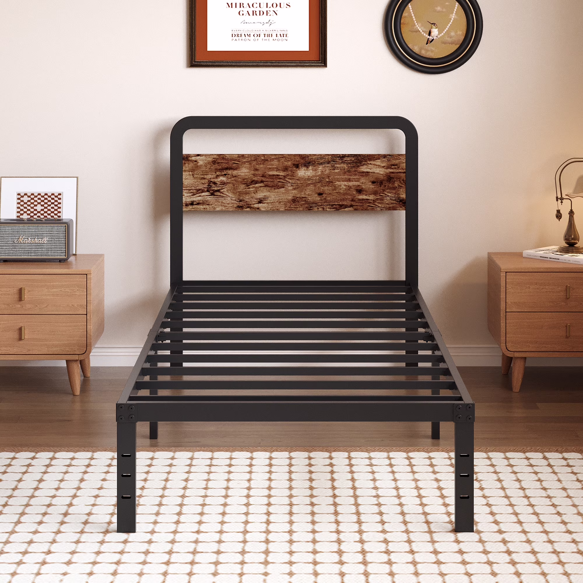 Maenizi Twin XL Bed Frames with Upholstered Headboard, 18 in Twin XL Metal Bed Frame No Box Spring Needed, Heavy Duty Metal Slats, Noise Free, Easy Assemble, Grey