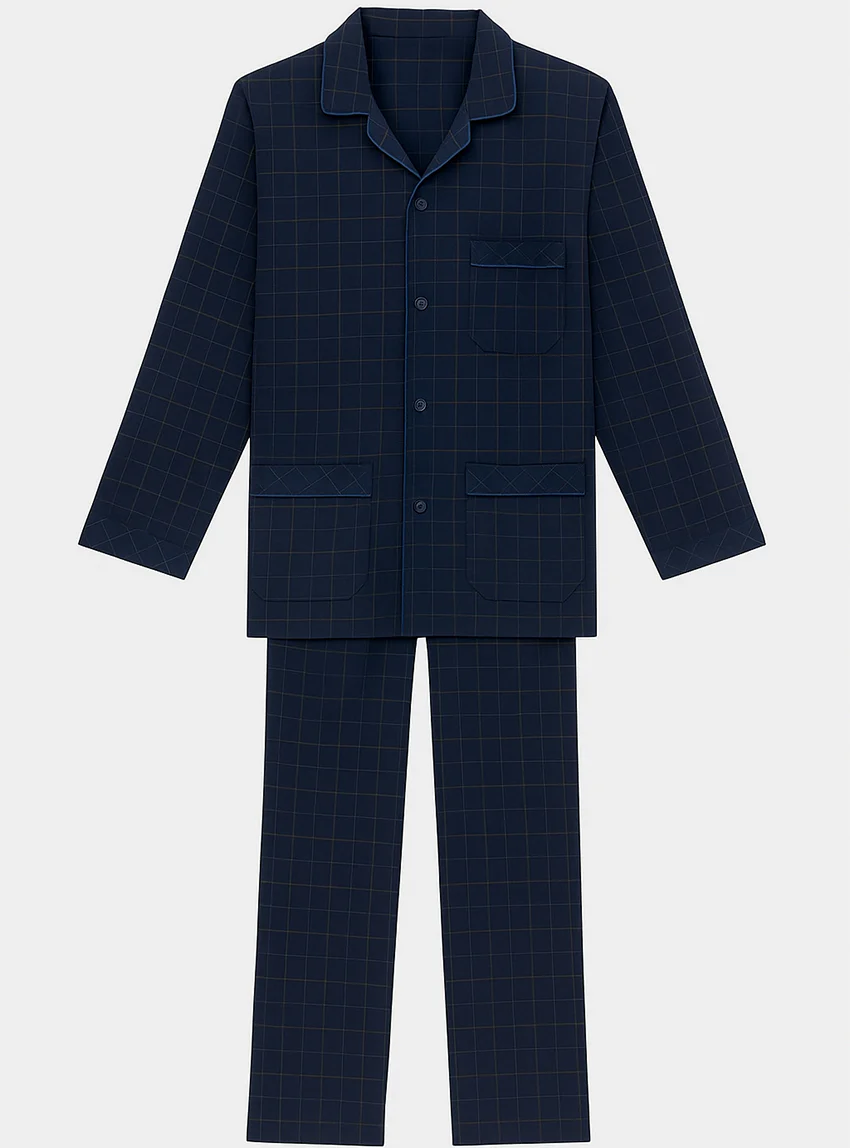 Pyjama chaud homme en coton carreaux bleu nuit