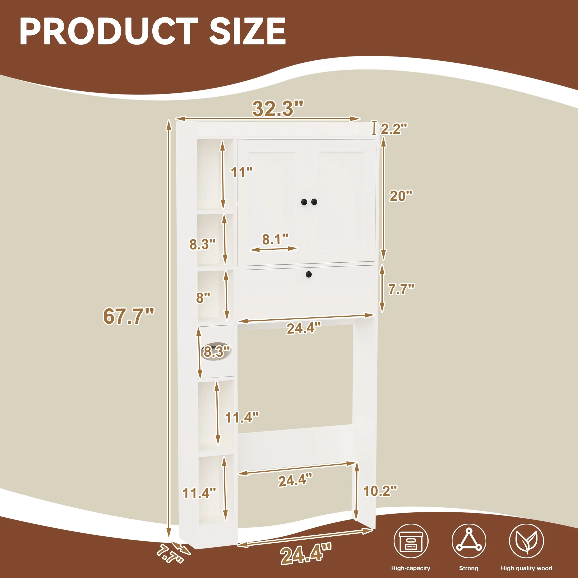 Over The Toilet Storage Cabinet,Bathroom Storage Cabinet with Wooden Doors,Bathroom Organizer Over-The-Toilet Cabinet(White)(White) - Image 9