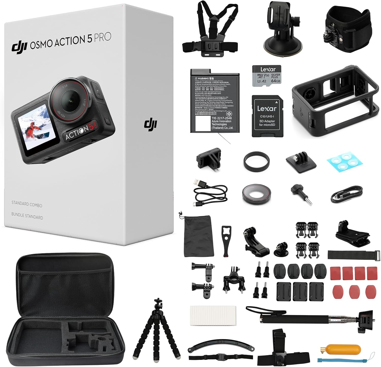 DJI Osmo Action 5 Pro Standard Combo with 58 Piece Accessory Kit+ 64GB Card - Waterproof Action Camera with 1/1.3