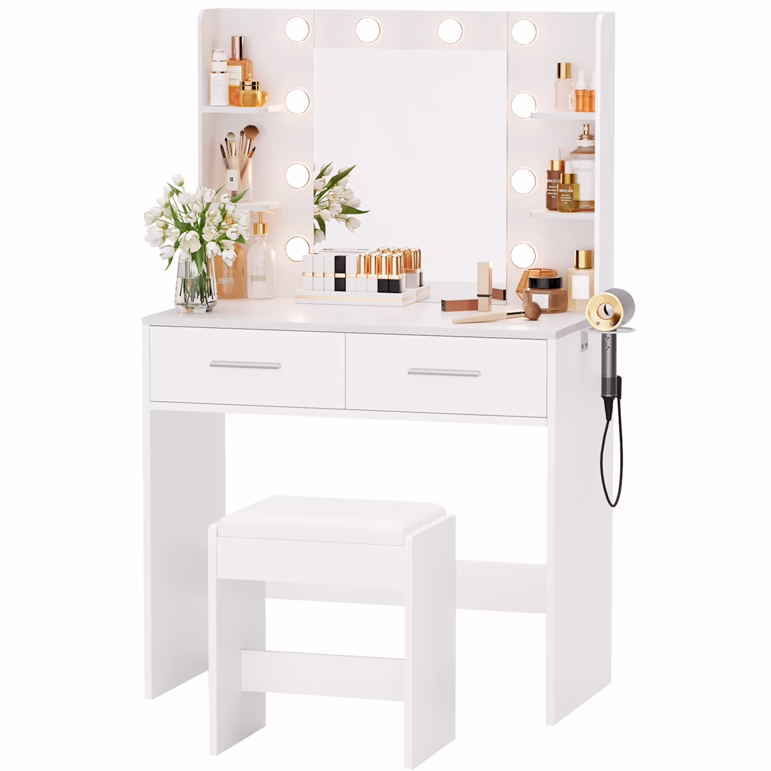 Makeup Vanity Desk with Lighted Mirror Power Outlet, Makeup Vanity with stool,White(White/2 Pack)