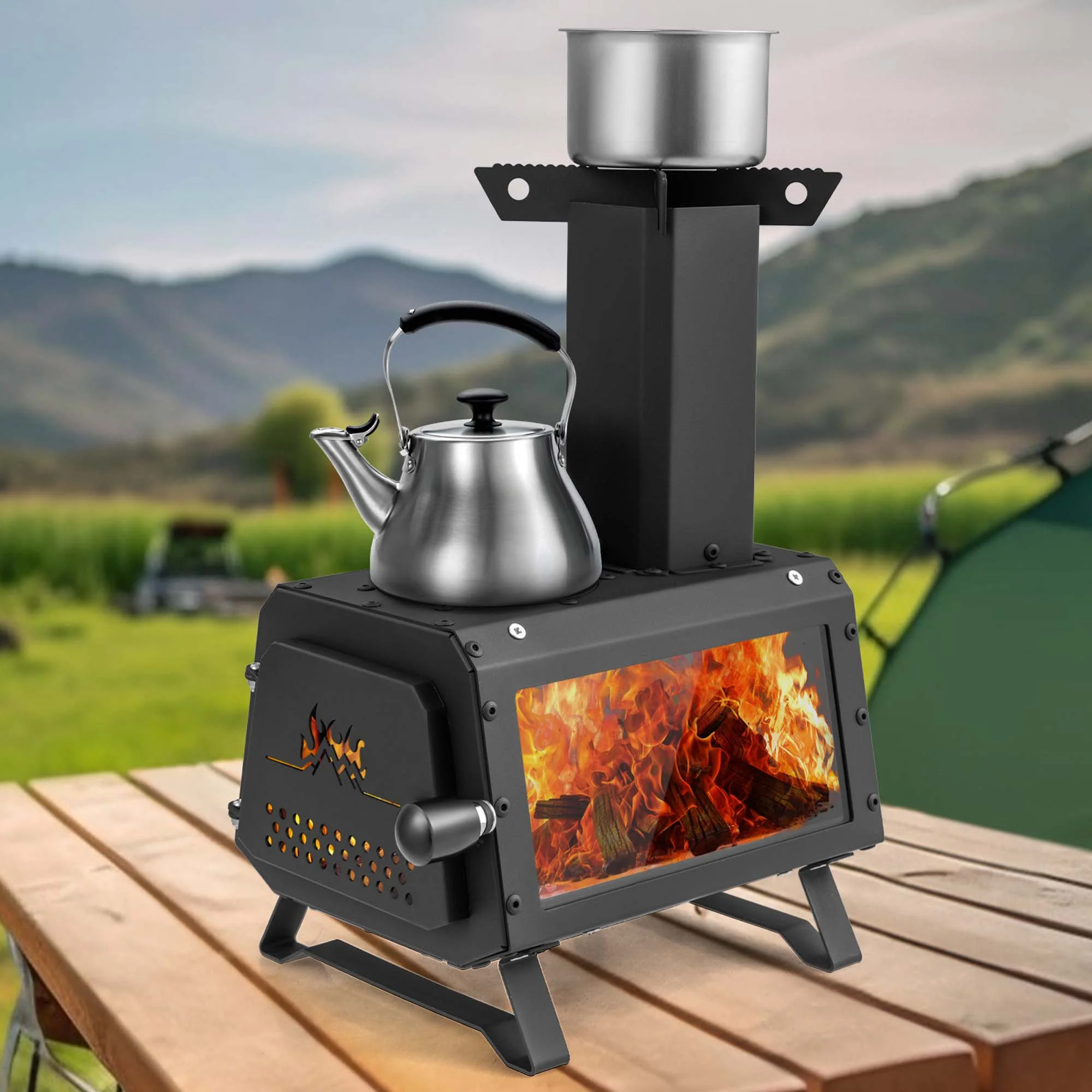 Portable Wood Camping Stove with 2 Cooking Positions(B) Image 2