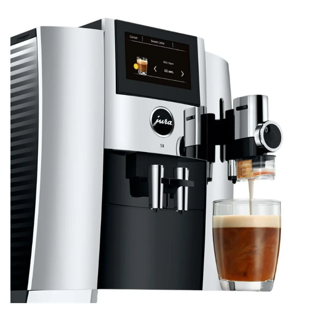 Jura S8 Automatic Coffee Machine with Sweet Foam Function, 4.3 - Inch Touchscreen, Automatic Milk Cleaning, and 2nd Generation Professional Aroma Grinder (Chrome)