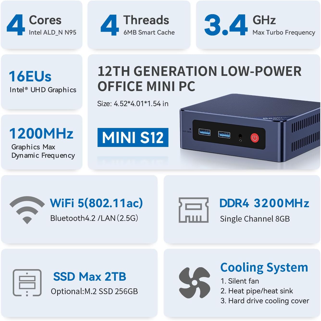 Beelink Mini PC  Mini S12 Mini Computer 12th Quad-Core N95  Desktop Computers 16G DDR4 RAM 500 SSD  Small PC 4K UHD Dual HDMI  Dual WiFi 2.5Gbps/BT4.0 for Office/Home/HTPC/W11 Home